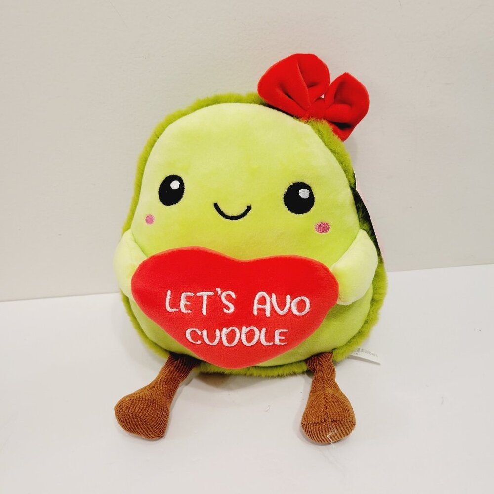 Green Avacado Shaped Plush Stuffed Toy Holding Heart Bow Let's Avo Cuddle
